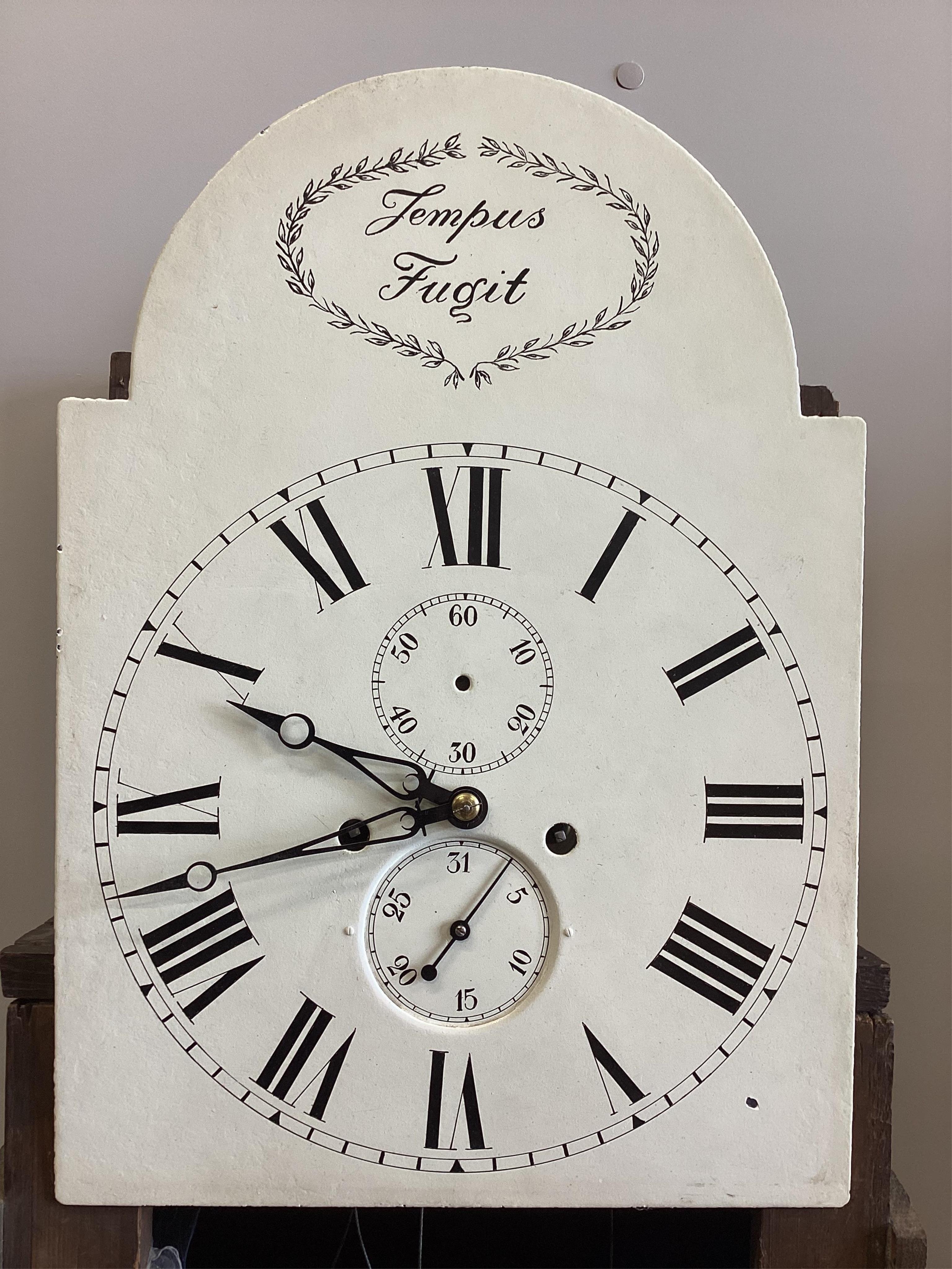 A George III mahogany eight day longcase clock, the arched silvered dial inscribed Tempus Fugit, height 232cm. Condition - good